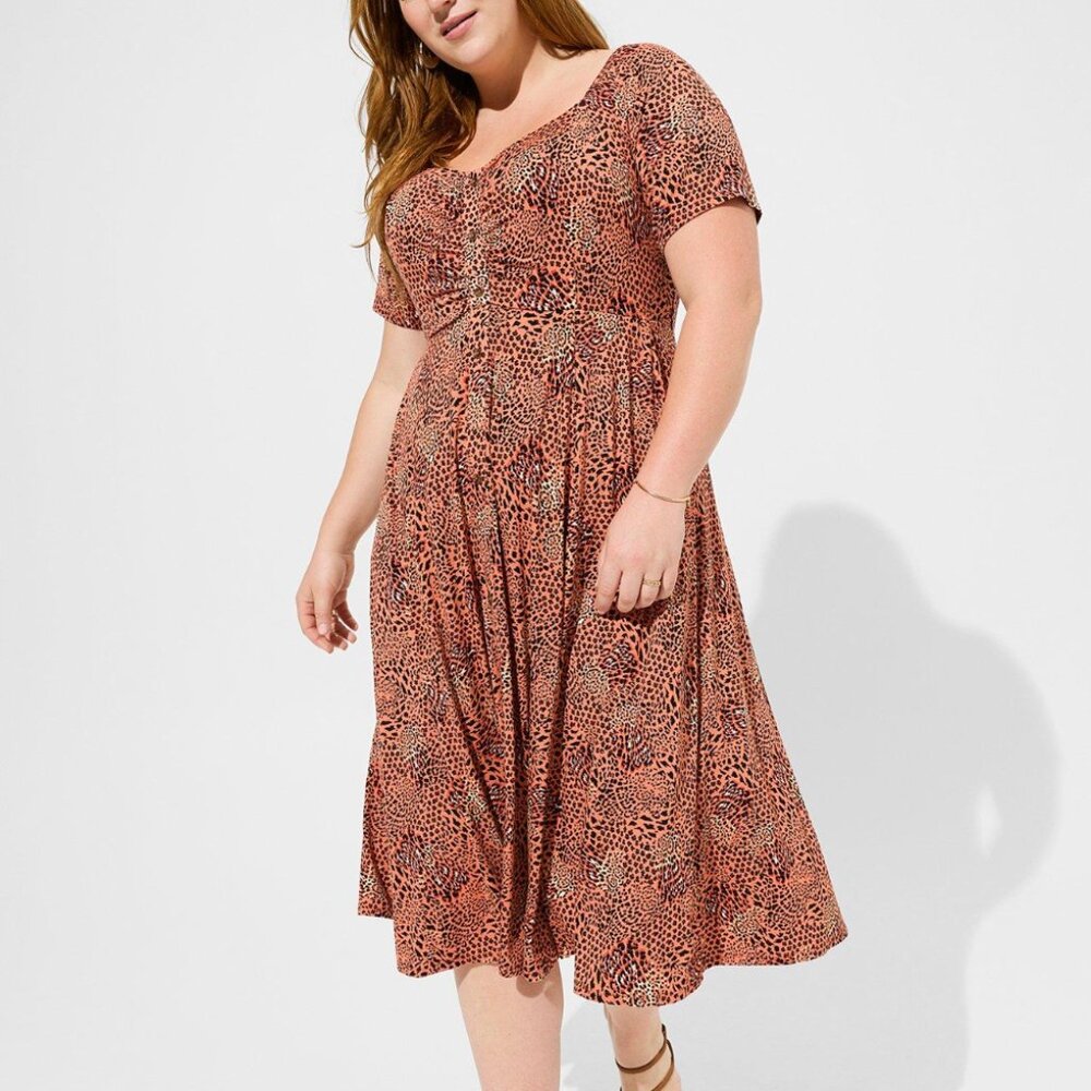 Torrid - Midi Super Soft Shirred Button-Front Leopard Orange Brown Dress - 3x 26